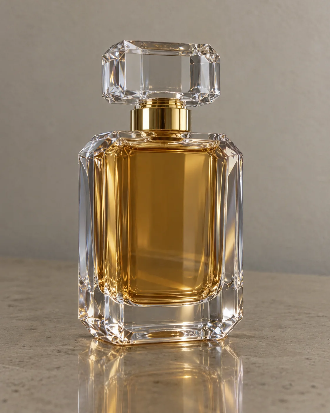 Simulated before: the same crystal bottle in flat indoor light